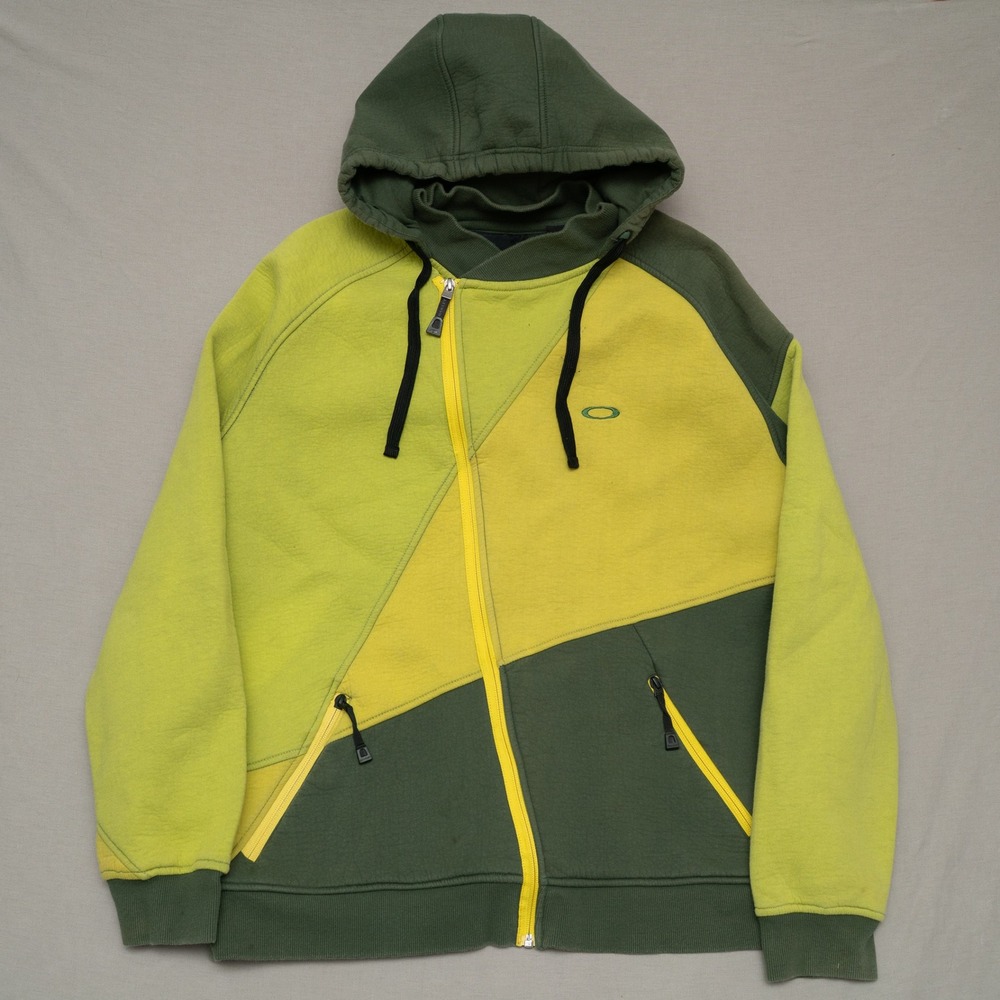 Y2k 2000s Oakley Abstract Zip Up Collared Hoodie Hoodie Mens XL Green Sport Punk